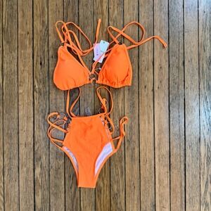 EJsoyo Orange Bikini‎ Set Ring Detail Strappy High Cut Swimsuit XL